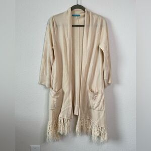 Alice + Olivia Women’s Beige 100% Wool Fringe Hem Open Front Long Cardigan S/M